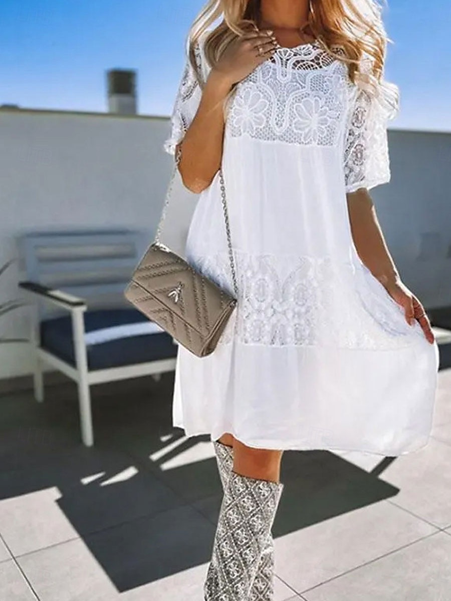 Women's Long Dress Maxi Dress Lace Dress Boho Dress Elegant Stylish Casual Vacation Daily Regular Fit Plain Short Sleeve Crew Neck Black White Blue Summer Spring 2025 - $37.99 –P5