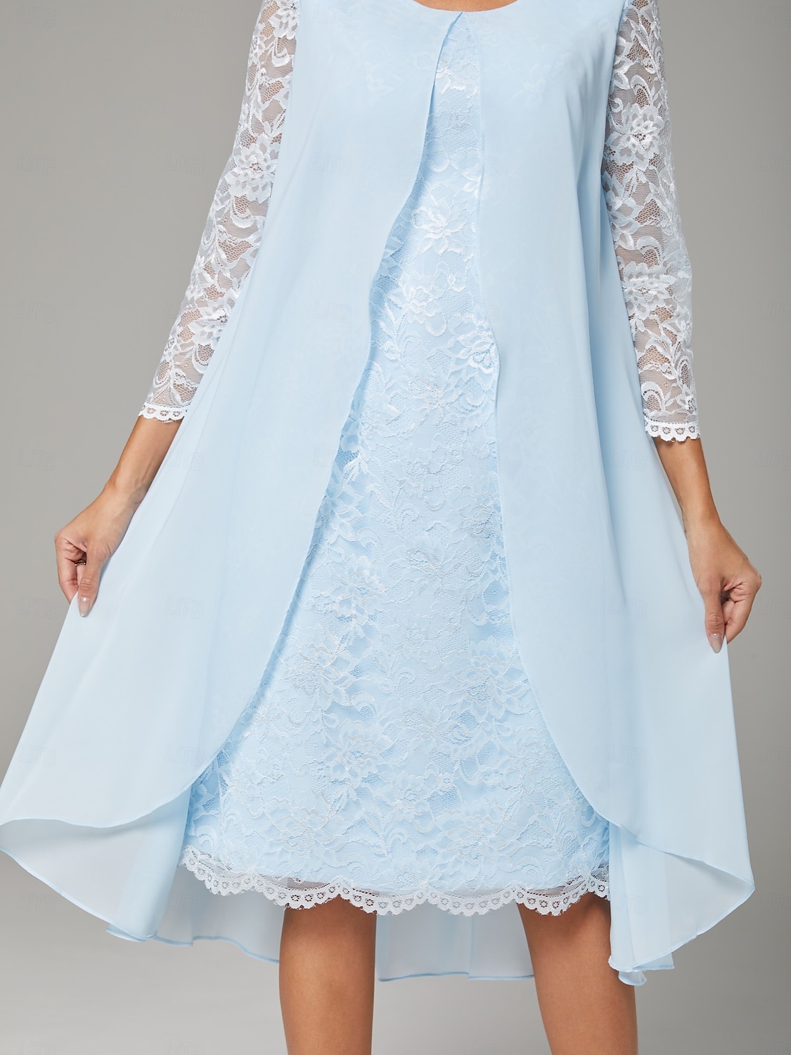 Vestido A-Line de Mãe da Noiva Elegante Plus Size Gola Redonda Comprimento Até o Joelho Chiffon Renda Manga Longa com Renda 2025 de 2025 por $149.99 –P6