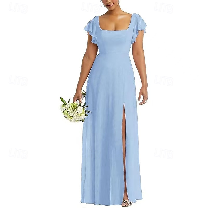 Linha A Vestido de Madrinha Scoop pescoço Manga Curta Elegante Longo Chiffon / Elastano com Fru-Fru / Pregueado / Fenda Frontal 2022 de 2025 por $155.99 –P8
