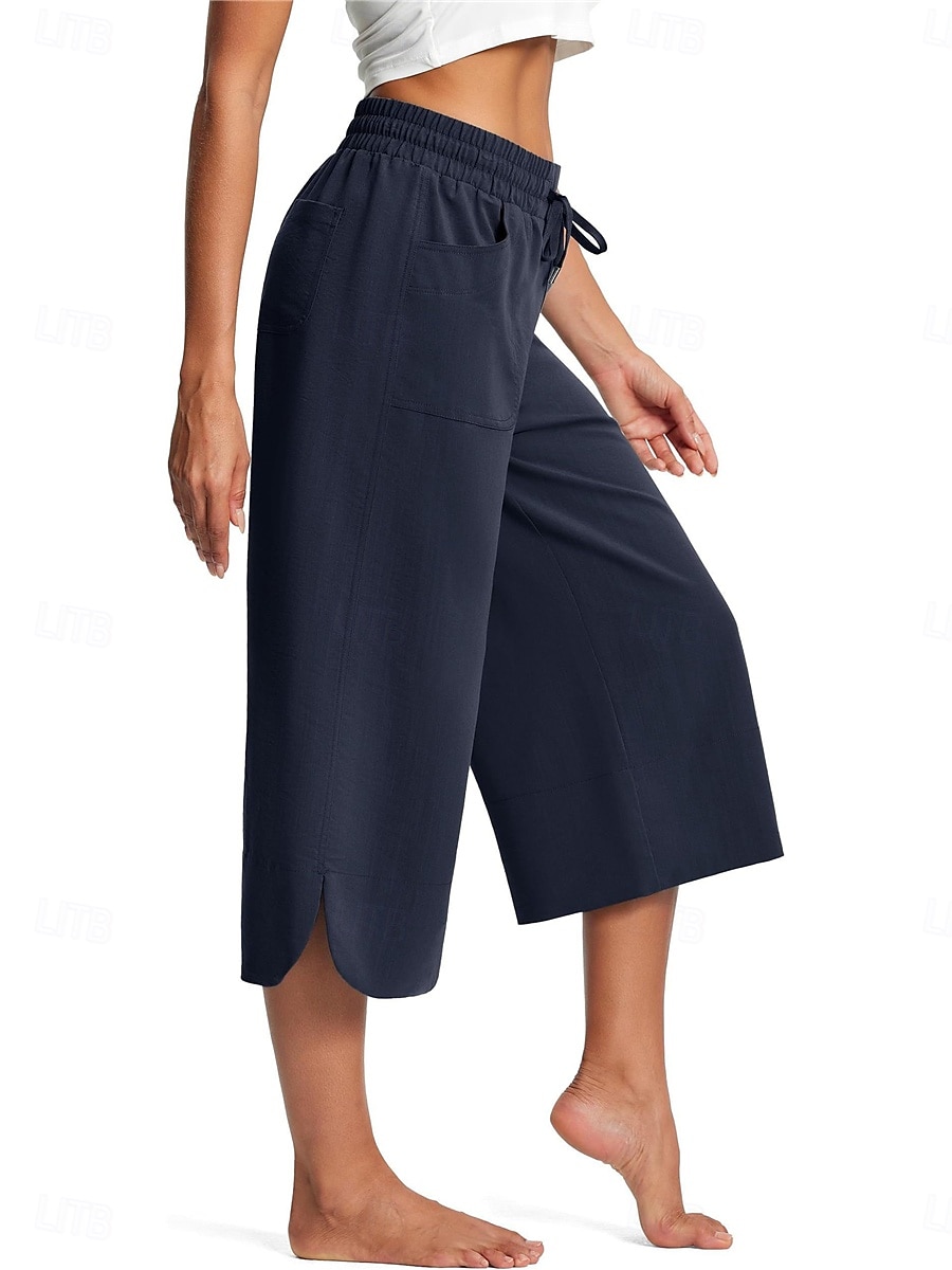 Women's Wide Leg Chinos Fashion Streetwear Calf-Length High Waist Plain Pocket Elastic Waistband Comfy Soft Comfortable Micro-elastic Outdoor Street Navy-blue Army Green Black Blue Summer Spring 2025 - $24.99 –P12