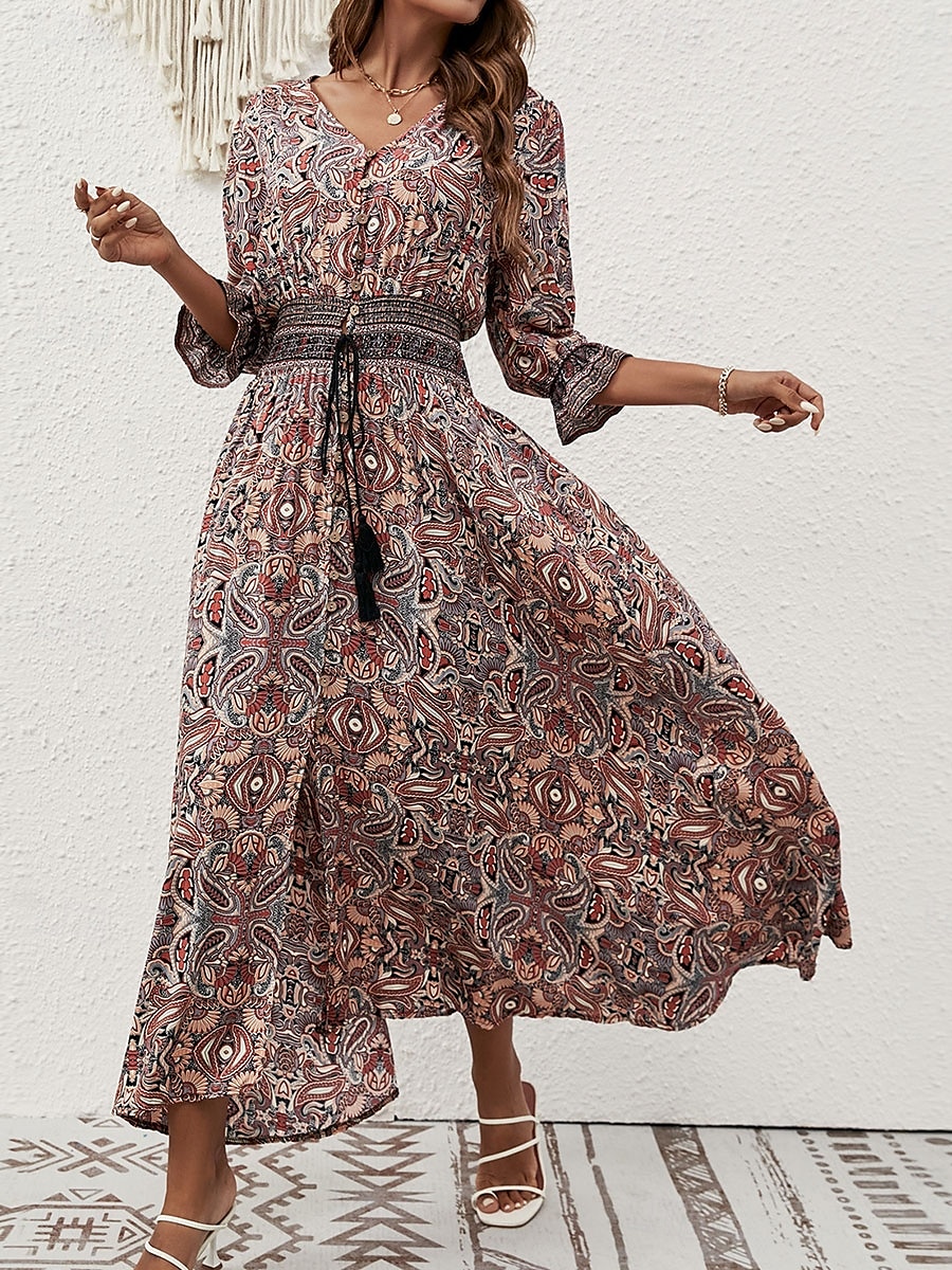 Per donna Vestito maxi Abito casual Abito Boho a maniche lunghe Abito boho Boemia Moda Essenziale Da mare Informale Giornaliero Standard Pop art Manica a 3/4 A V Marrone rossastro Blu Estate del 2025 a $42.99 –P7