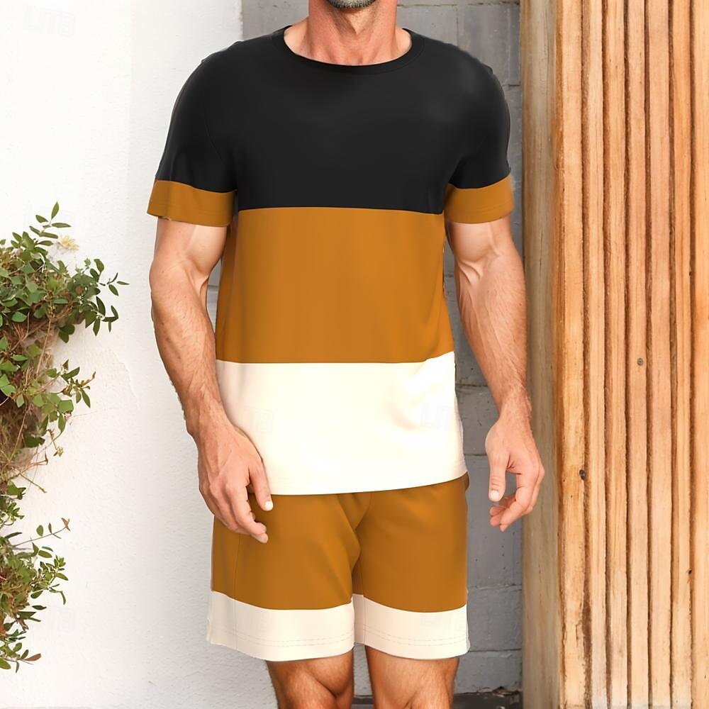 Per uomo A righe 2 pezzi Set di magliette Top estivi Manica Corta Pantaloni corti Girocollo Canotta sportiva Casual All'aperto Vacanza Sport Stampa 3D Estate Marrone del 2025 a $25.99 –P1