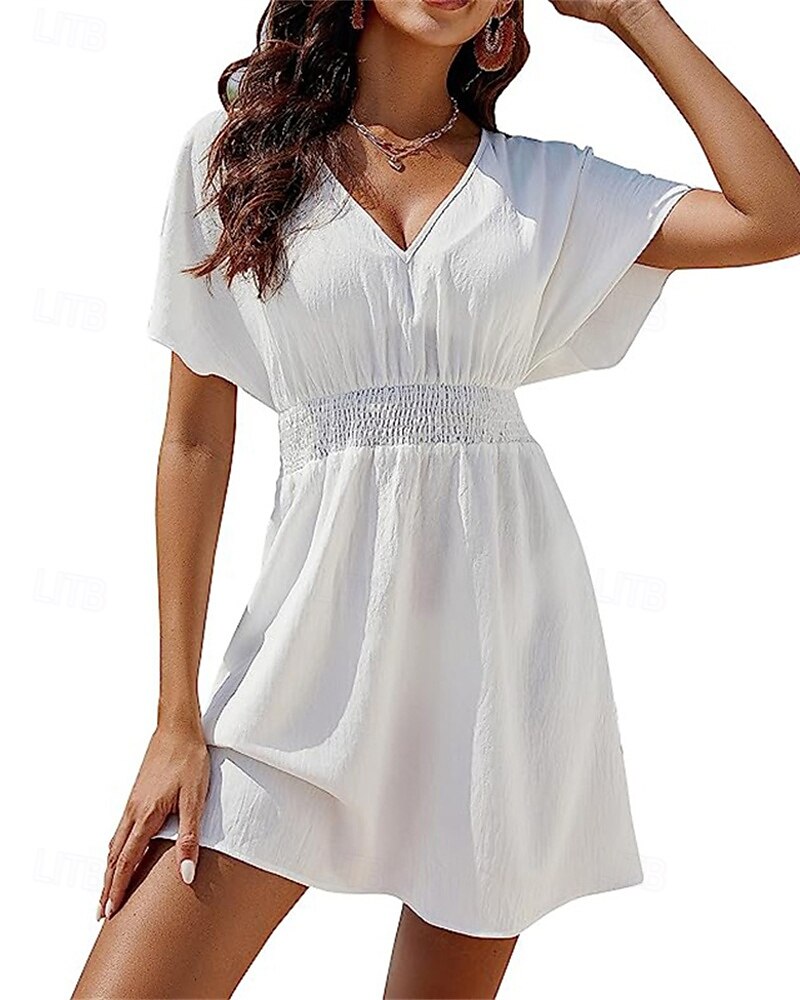 Dam Mini klänning Vit klänning Vardagsklänning Sommarklänning Mode Fladdermusärm Utomhus Helgdag Datum Normal Slät Kortärmad V-hals Svart Vit Sommar Vår 2025 - $24.99 –P1