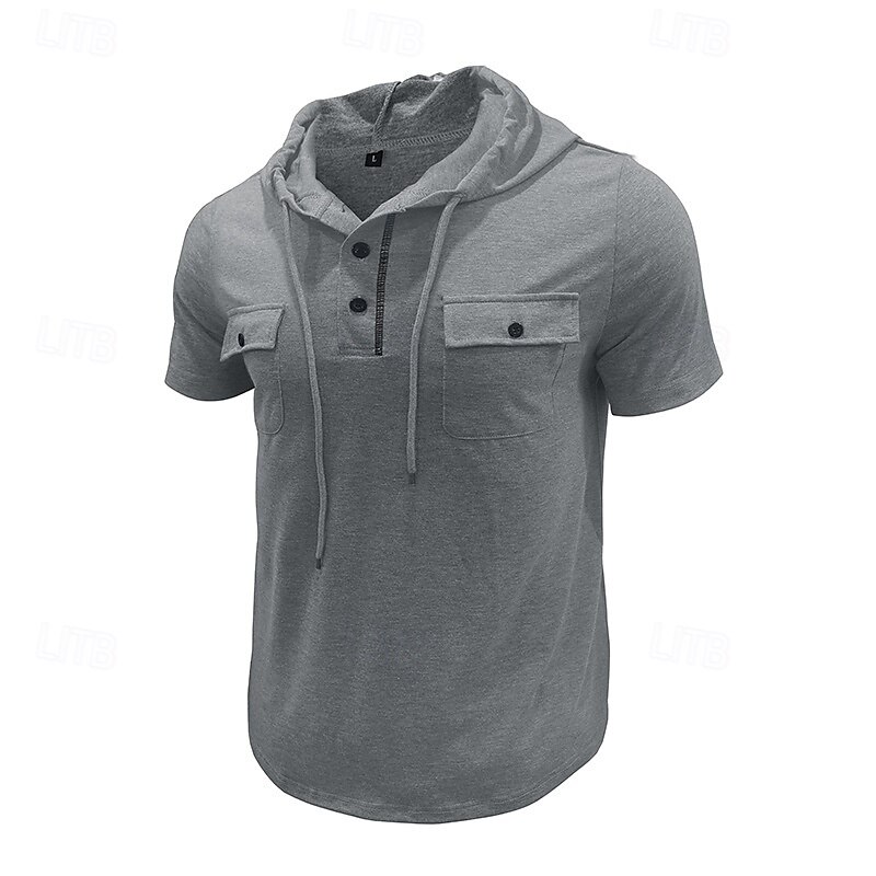 Men's T Shirt Henley Shirt Tee Short Sleeve Shirt Short Sleeve Hooded Henley Summer Spring Color Block Fashion Designer Basic Drawstring Vacation Street Going out Black Khaki Light Grey Top Tee for 2025 - $26.99 –P11