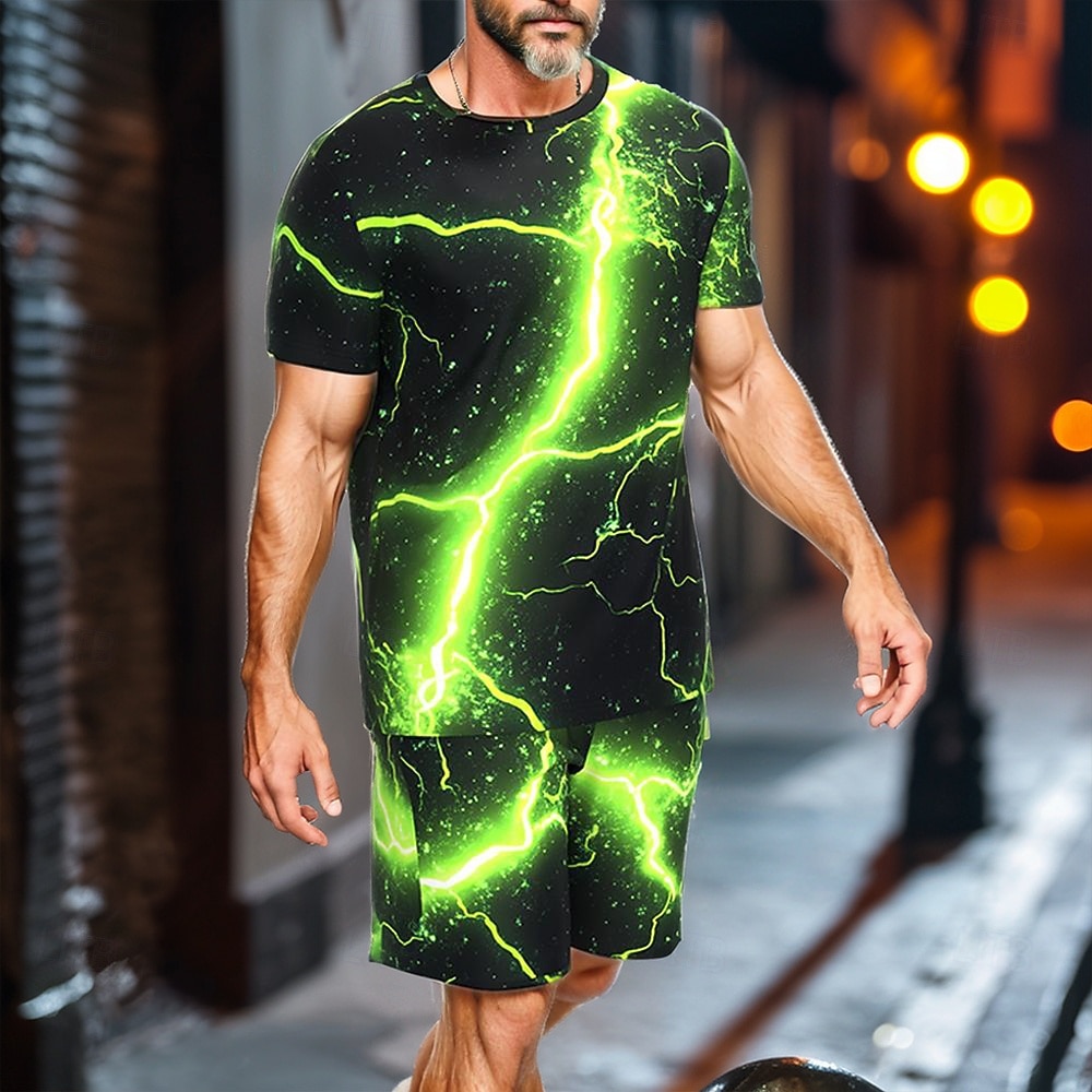 Men's Lightning 2pcs Tees sets Summer Tops Short Sleeve Short Pants Crew Neck Sport Casual Outdoor Sport Daily 3D Print Summer Green 2026 - $26.99 –P1