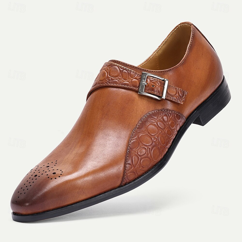 Sapatos masculinos de couro marrom premium com tiras de monge e detalhes texturizados, estilo formal para casamentos, eventos empresariais e ocasiões especiais de 2025 por $94.99 –P1