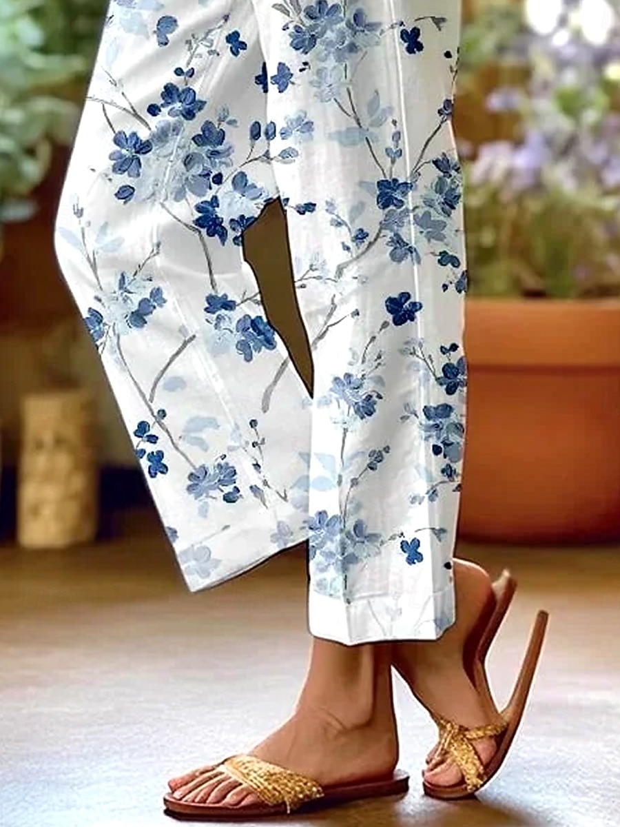 Dames Katoen Linnen Broek Baggy Broek Linnenachtige Elegante Vintage Mode Volledige Lengte Hoge Taille Bloemenbladprint Ademend Zacht Micro-elastisch Buiten Dagelijks Linnenachtig Luchtblauw En Wit 2026 - $49.99 –P3