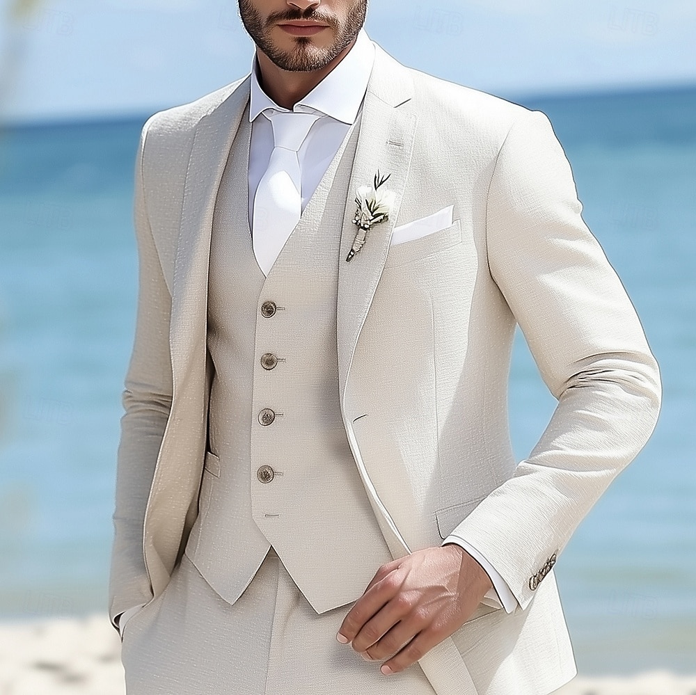 Uomo Matrimonio in Spiaggia Completi in Lino Beige Moda Formale Tinta unita Vestibilità standard 3 pezzi Monopetto Due Bottoni del 2025 a $139.99 –P1