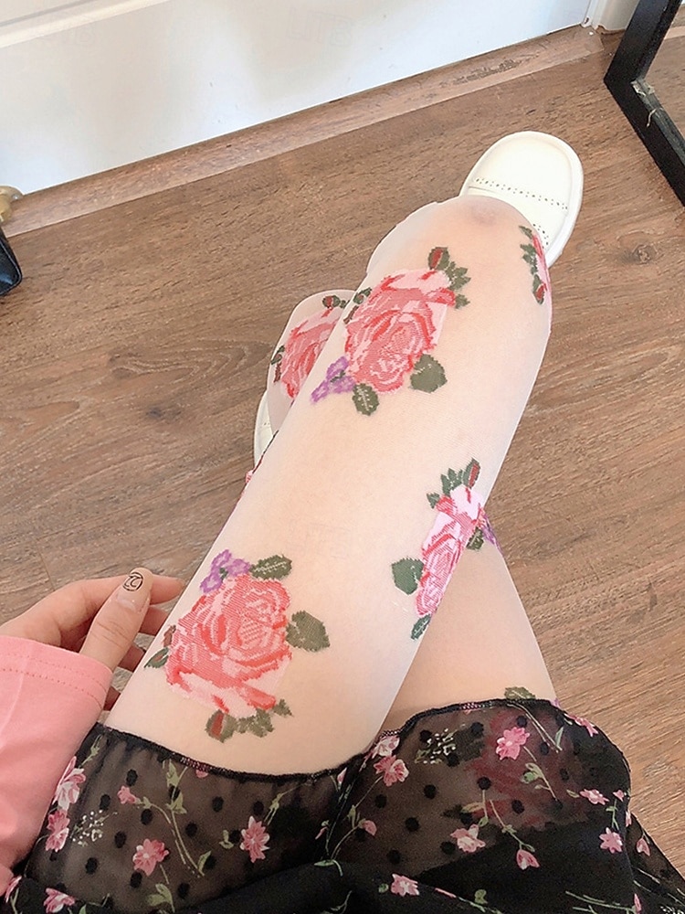 Bloemen geborduurde transparante panty's voor dames - elegante zwarte visnetpanty's met rozenmotief, perfect voor casual, avondkleding en speciale gelegenheden 2026 - $11.99 –P3