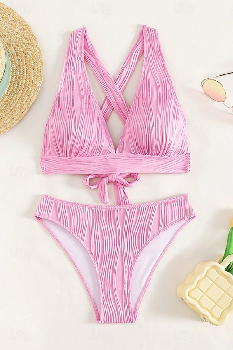 Dam Badkläder Bikini 2 st Kaxig Baddräkt Öppen rygg Smal Semester Standkläder Ensfärgat V-hals Ärmlös Baddräkter 2025 - $23.99 –P8