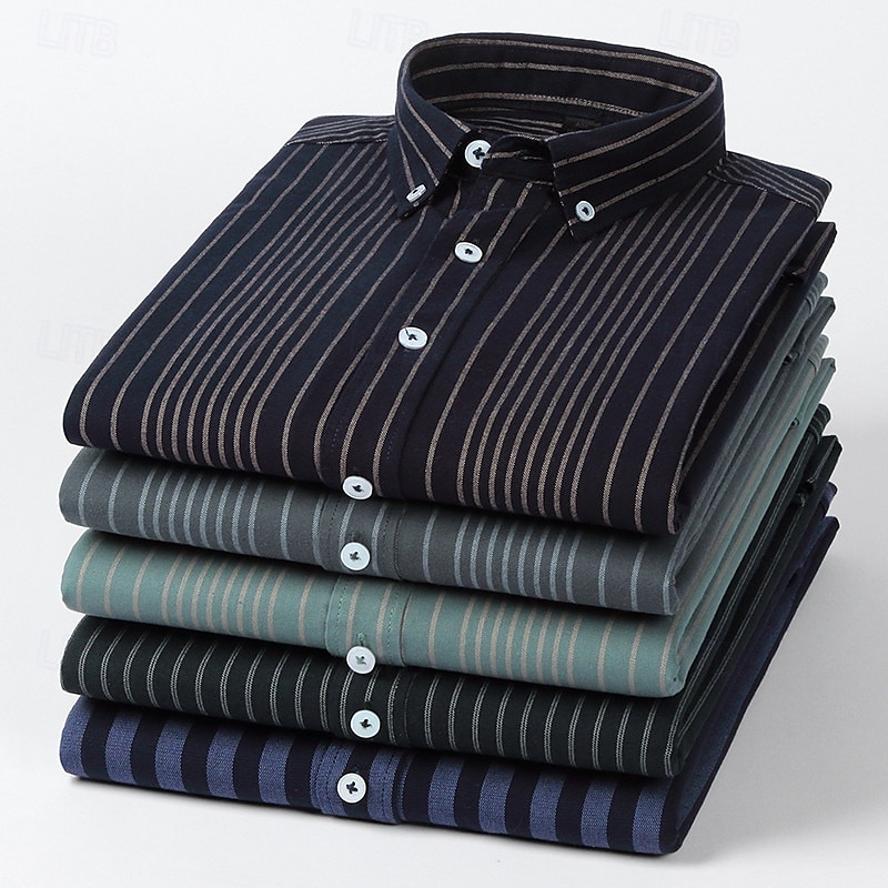 Men's Oxford Shirt Black Navy Blue Green Light Grey Dark Grey Long Sleeve Striped Vertical Stripes Button Down Collar School Wedding Buttons Clothing Apparel Neutral Fashion Daily 2025 - $25.99 –P10