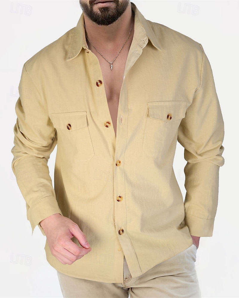 Men's Shirt Linen Shirt Casual Shirt Button Up Shirt Cotton Shirt Plain Vacation Hawaiian Black White Pink Beige Long Sleeve Lapel Summer Spring Clothing Apparel Front Pocket 2025 - $32.99 –P6