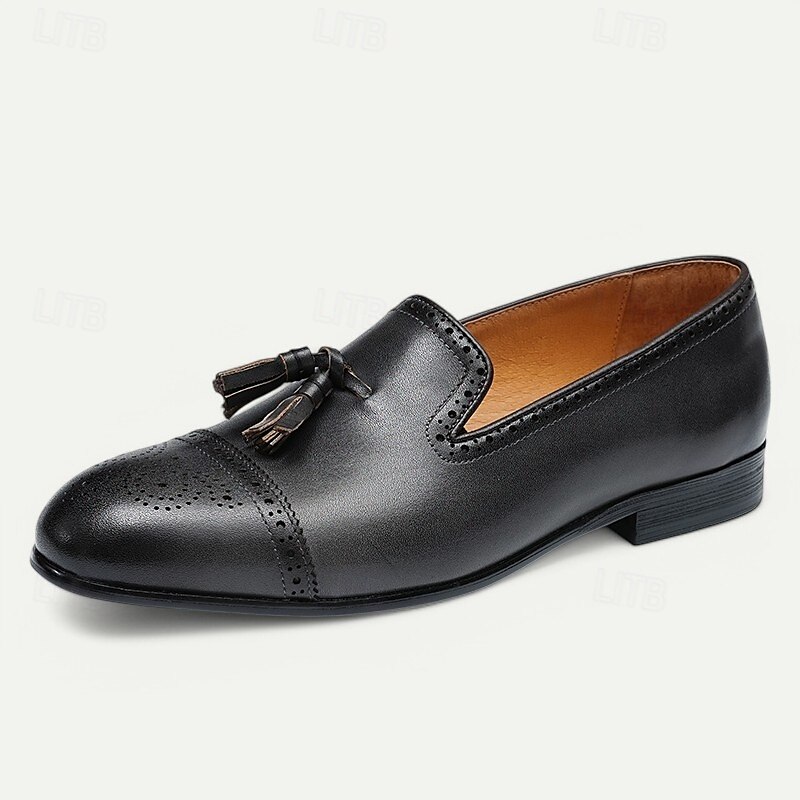 bruna tofsloafers i läder för män med brogue-detaljer, klassiska slip-on klänningskor för bröllop, fester och formella evenemang 2025 - $109.99 –P7