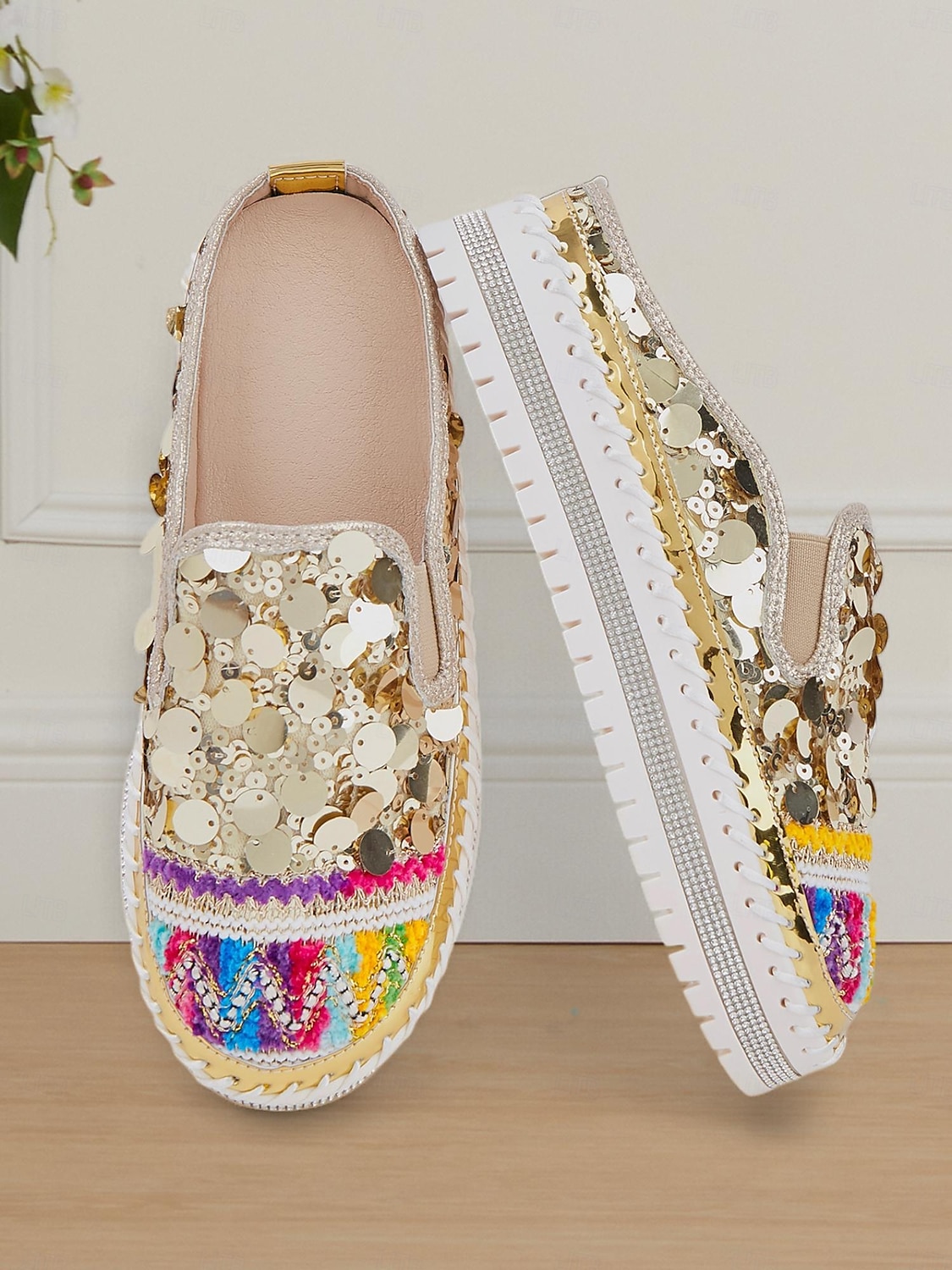 dámské zlaté flitrové tenisky na platformě mules – třpytivé slip-on boty s vyšívanými detaily pro festivaly, párty a street fashion 2025 - $34.99 –P1