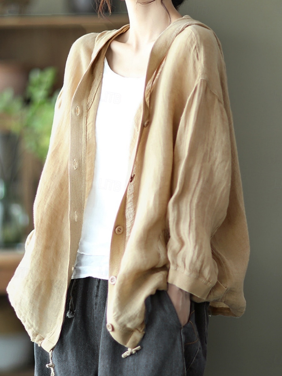 Women's Shirt Cotton Linen Shirts Button Up Blouse Solid Color Basic Casual Long Sleeve Hooded Regular Tops Daily Buttons White Red Blue Beige Summer 2025 - $25.99 –P11