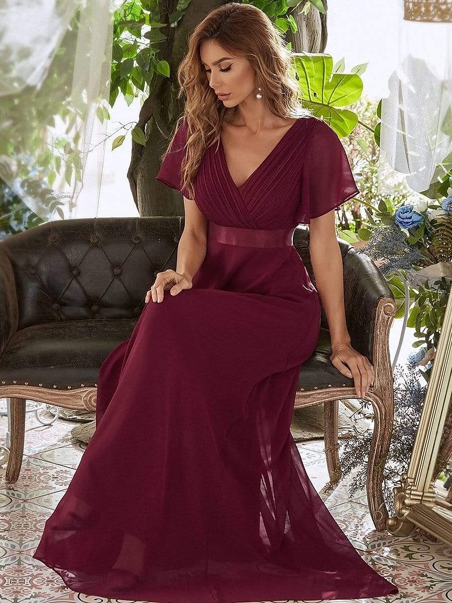 Abiti da Prom A-Line Abito Elegante Ospite di Matrimonio Laurea Lunghezza Piena Maniche Corte Collo a V Abito da Damigella Chiffon con Schiena a V e Rouches del 2025 a $84.99 –P4