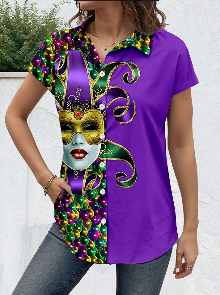 Carnaval Dames Overhemd Grafisch Dagelijks Korte mouw Kap Overhemdkraag Lange tops Dagelijks Paars Zomer Lente 2025 - $25.99 –P3