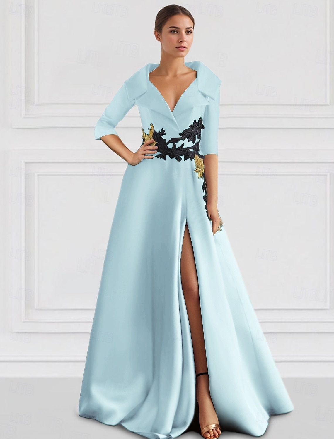 Vestido de Gala A-Line Preto Elegante Tuxedo Vestido Formal Comprimento de Chão Manga 3/4 Colarinho de Camisa Bolso Cetim com Apliques vestido para impressionar 2025 de 2025 por $179.99 –P7