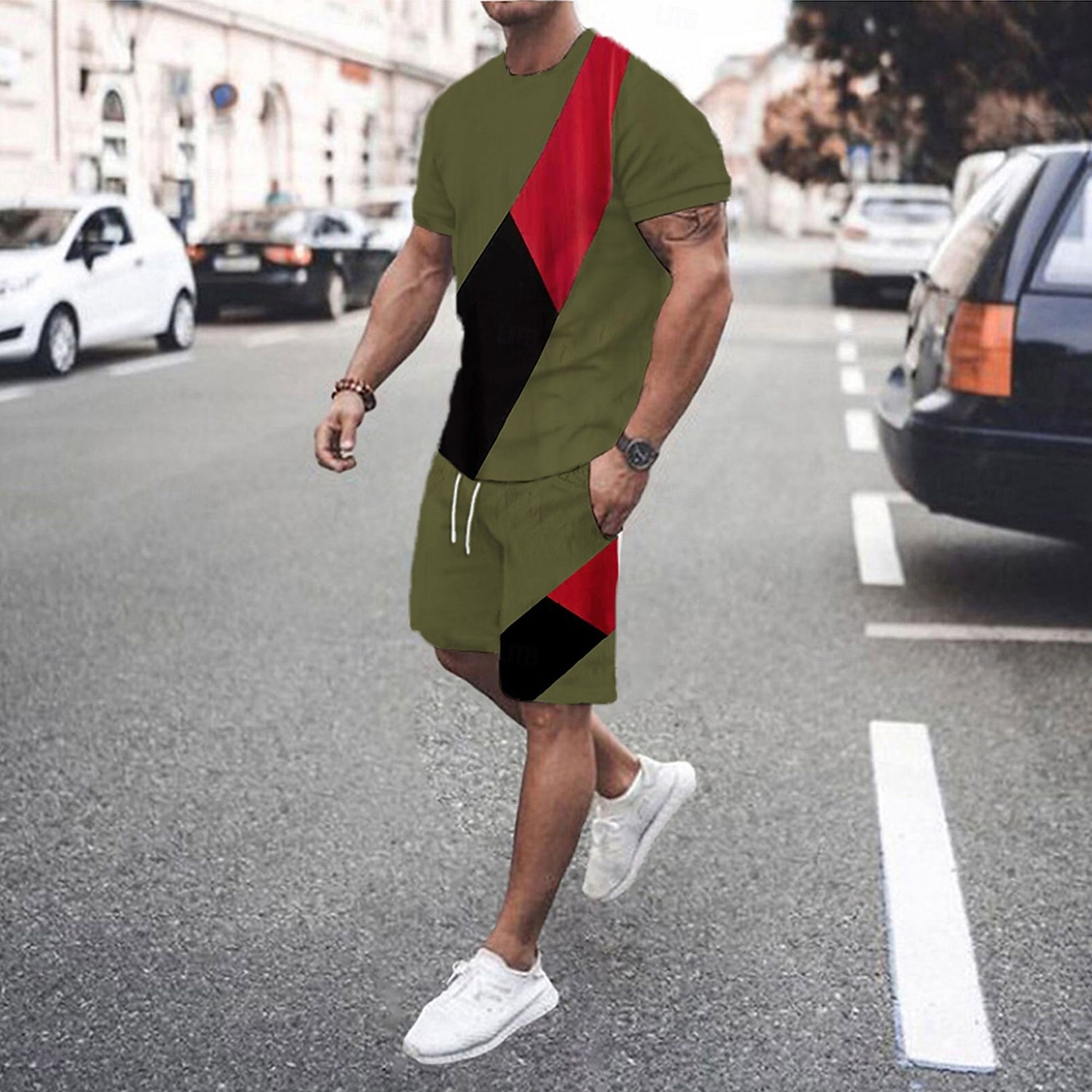 Men's T-shirt Suits 2 Pieces Outfits Tee & Shorts Short Sleeve Crewneck Summer Color Block Fashion Casual 2 Piece Vacation Daily Wear Going out Black White Green Top Tee for Men 2025 - $25.99 –P2
