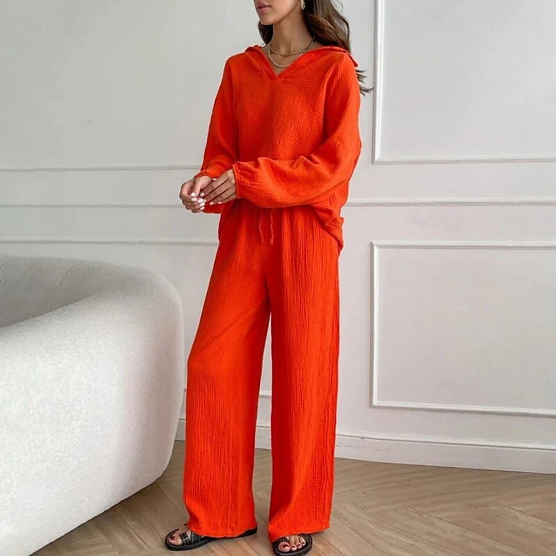 Women's Fashion Streetwear Shirt Two Piece Sets Linen Pants Pants Trousers Long Sleeve Shirt Collar Solid Color Drawstring Daily Wear Date Black White Orange Summer Regular Fit 2025 - $28.99 –P6
