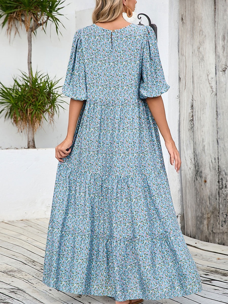 Women's Maxi Dress Puff Sleeve Dress Casual Lantern Sleeve Vacation Casual Daily Regular Fit Graphic 3/4 Length Sleeve Crew Neck Light Blue Summer 2025 - $36.99 –P6