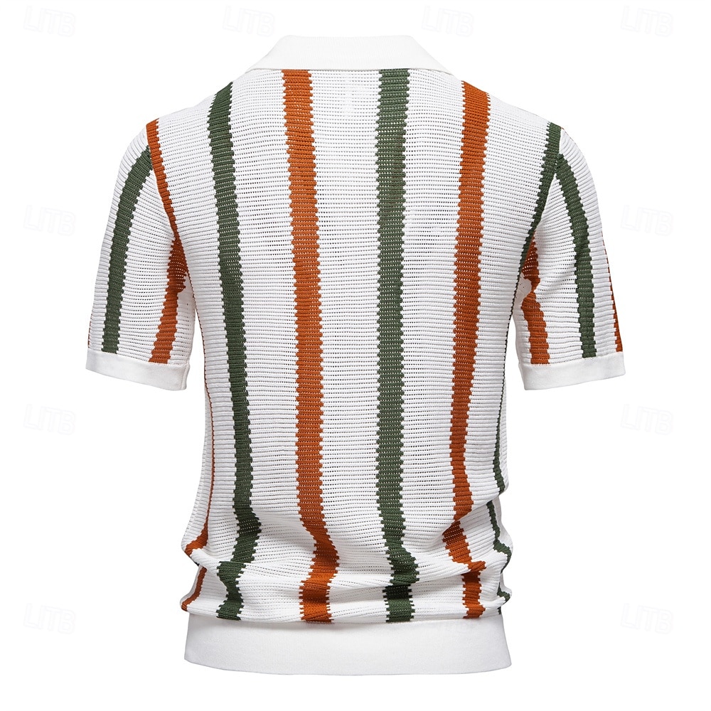 Herren Polo Strick-Polopullover Formell Arbeit Möwenhalsband Kurzarm Gestreift Vertikale Streifen Stripe-Trim Streifen Frühling Weiß Polo 2025 - $30.99 –P2