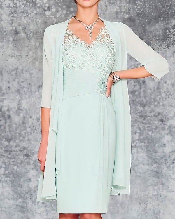 Deux Pièces Fourreau / Colonne Robe de Mère de Mariée  robe demoiselle d honneur Eglise Elégant Col V Mi-long Mousseline de soie Manches 3/4 avec Broderie 2025 de 2025 ? $156.99 –P2