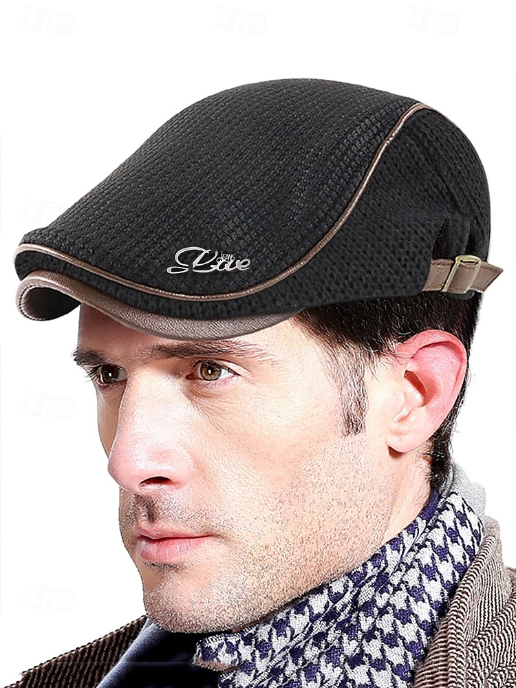 Stylische schwarze Newsboy-Kappe für Herren mit Lederbesatz, atmungsaktivem Stoff, verstellbare Passform – lässiger Vintage-Flachhut für den Alltag und Outdoor-Aktivitäten 2025 - $19.99 –P1