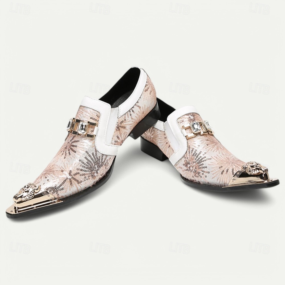 Mocassins em Couro de Vaca Premium Masculinos com Design Floral em Lantejoulas e Detalhe de Fivela de Cristal com Ponta Dourada–Sapatos Slip-On de Luxo para Ocasiões Especiais e Vestuário Noturno de 2025 por €104.02 –P7