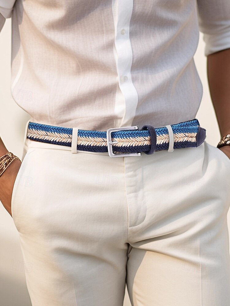 Men's Woven Braided Belt – Stylish and Durable Blue and Beige Design with Leather Accents, Adjustable and Comfortable for Casual or Formal Occasions 2025 - $18.99 –P2