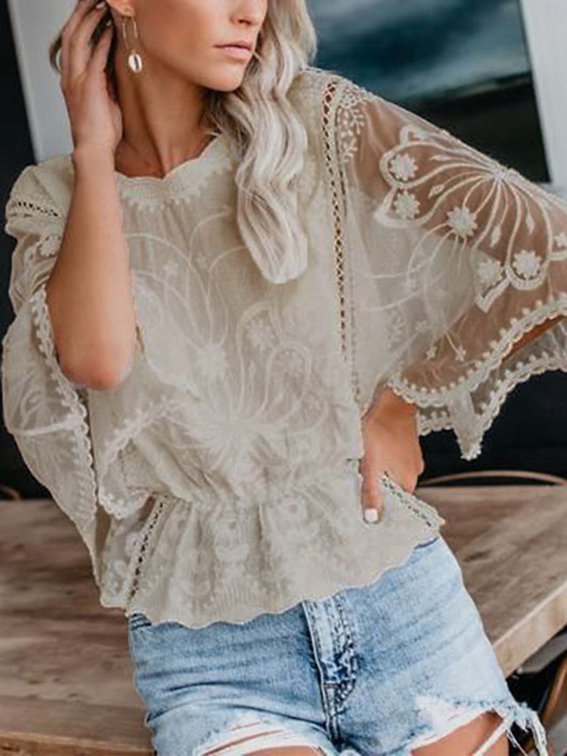 Per donna Camicia Camicia in pizzo Top con cuciture in pizzo Blusa Tinta unica Elegante Moda Informale Mezza manica Maniche ad aletta Girocollo Top regolari Invitati del matrimonio Giornaliero Per del 2025 a $27.99 –P7