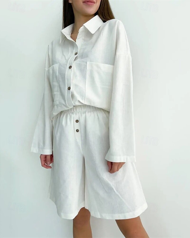 Pentru femei Modă Șic Stradă Cămașă Seturi inspirate de in Seturi din două piese Pantaloni scurți de plajă Pantaloni scurți largi Manșon Lung Guler Cămașă Culoare solidă Cordon Vacanță Purtare Zilnică 2025 - $27.99 –P3