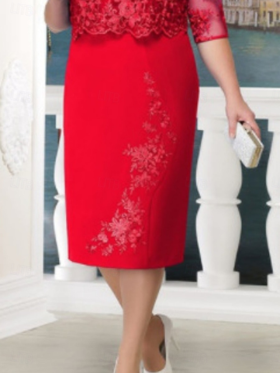 Dámské Midi šaty Krajkové šaty Bodycon šaty Šaty s očkem Narozeniny koktejl Dovolená Denní Běžný Bez vzoru Poloviční rukáv Tričkový Rubínově červená Námořnická modř Vodní modrá Léto 2025 - $36.99 –P4