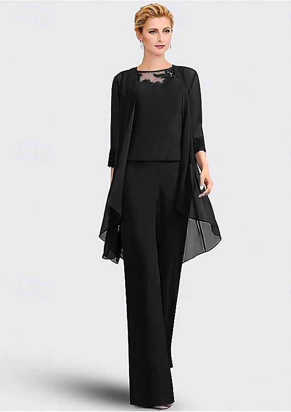 Salopette  pantalon 3 pièces mère de la mariée invité au mariage formel élégant grande taille col bijou longueur de sol en chiffon dentelle sans manches avec appliques taille personnalisée gratuite de 2025 ? $155.99 –P6