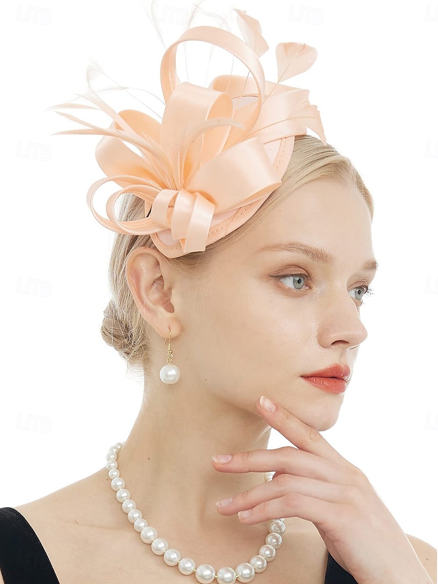 Fascinátory hedvábné jako satén svatební elegantní vintage s peřím tylová čelenka pokrývka hlavy fascinátory závodní den šaty 2025 - $20.99 –P6