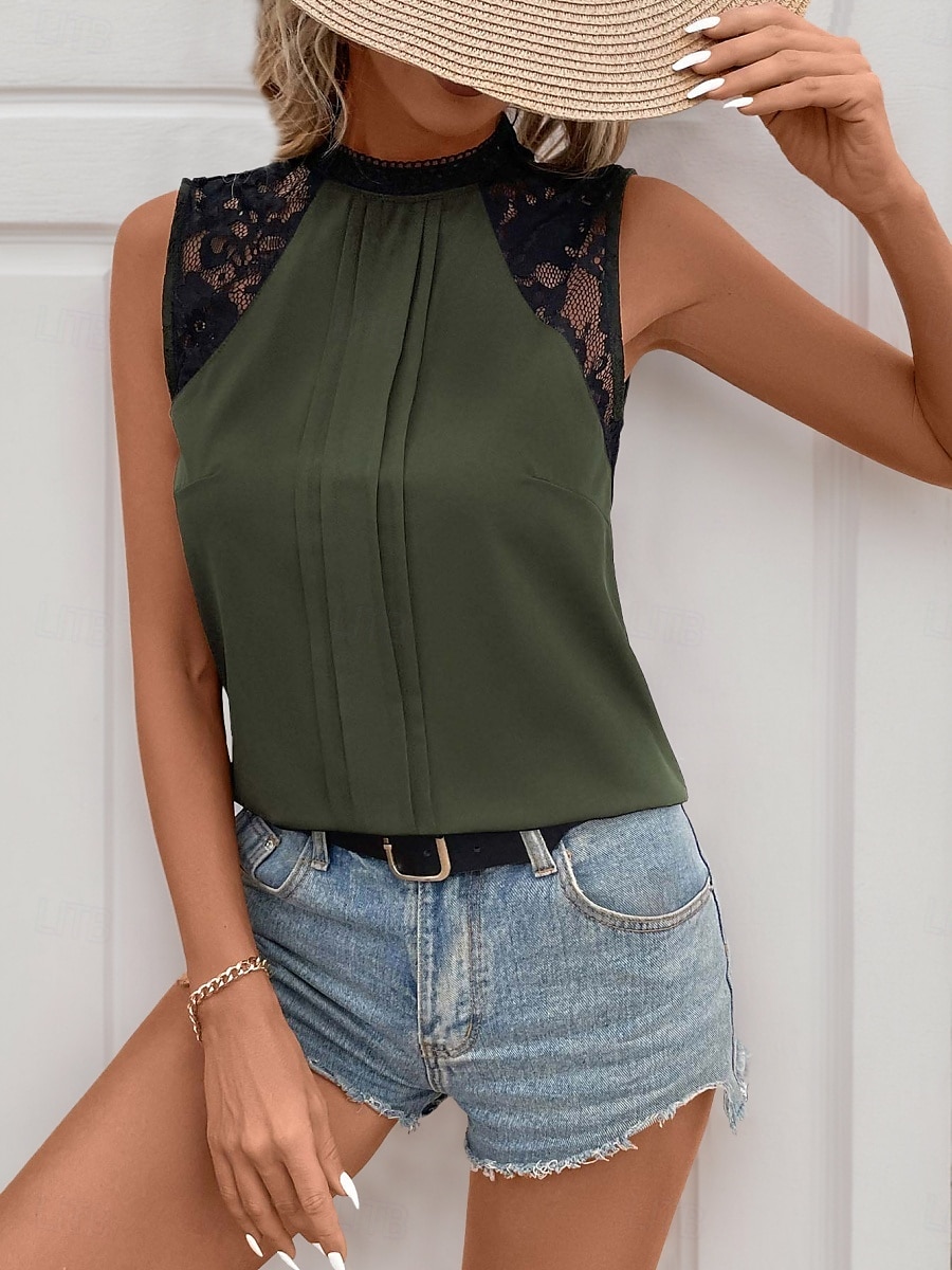 Women's Camisole Tank Top Solid Color Casual Sleeveless Turtleneck Regular Tops Daily Lace Patchwork Navy Blue Green Gray Summer 2025 - $27.99 –P6