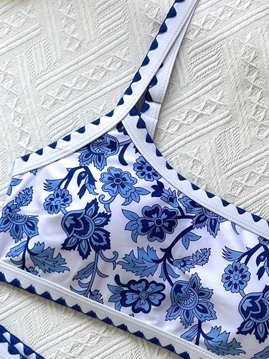 Dam Badkläder Bikini 2 st Kalsonger Baddräkt Öppen rygg Smal Semester Standkläder Blommig Asymmetrisk hals Ärmlös Baddräkter 2025 - AU $36.08 –P5