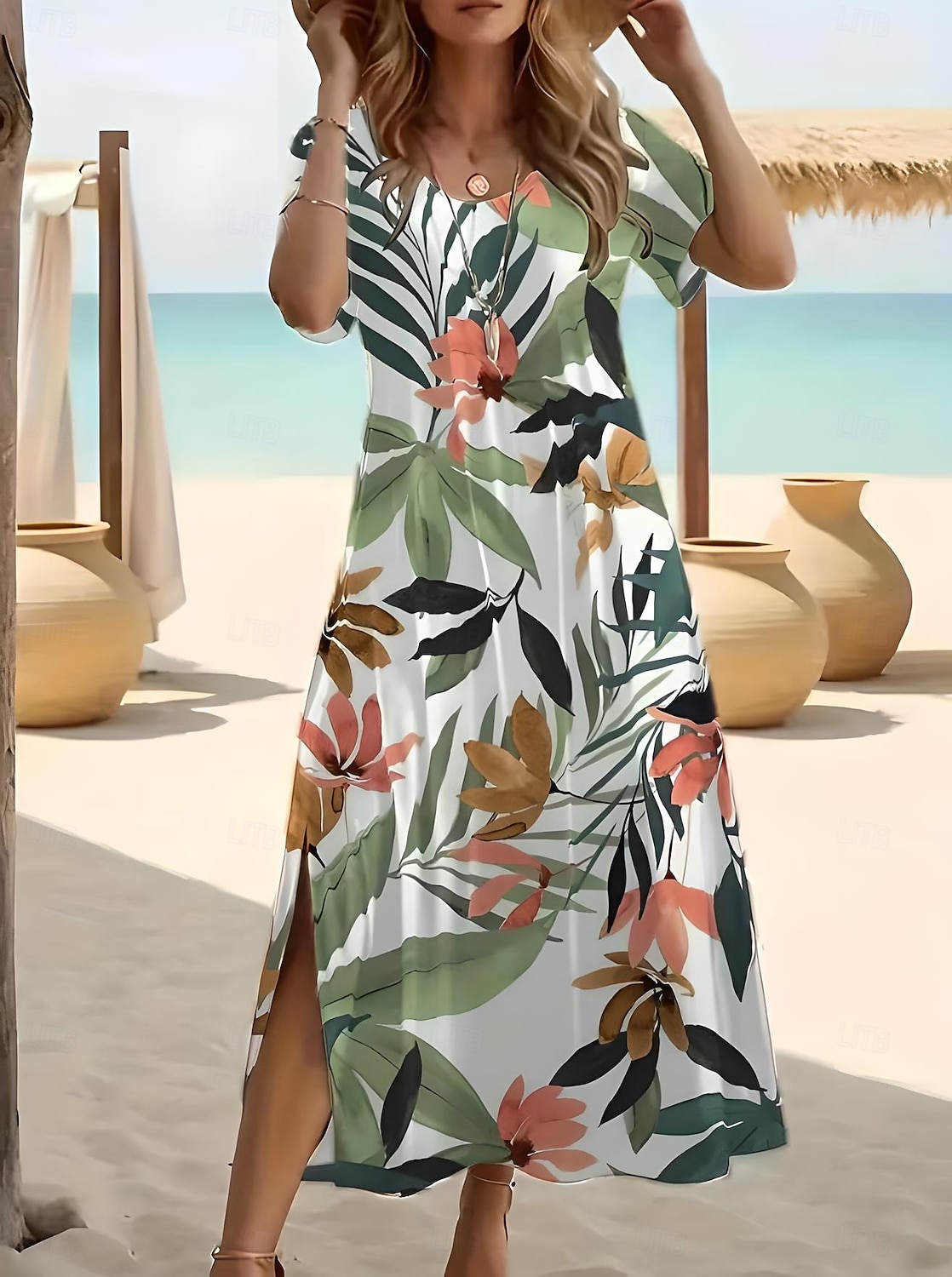 Per donna Normale Vestito maxi Abito Boho a maniche lunghe Boemia Festività Tropicale A farfalla Da mare Spiaggia Standard Floreale A foglia Stile Boho Manica corta Girocollo Verde chiaro Estate del 2025 a $23.99 –P1