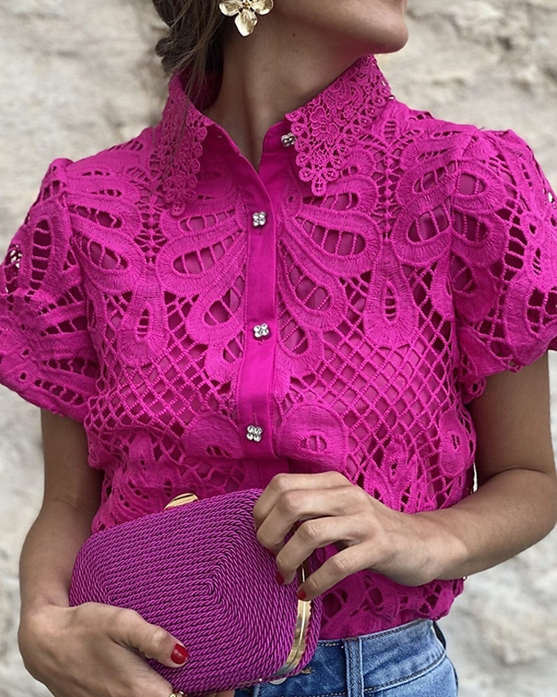 Mulheres Blusa Topo de ilhó Tops de renda Vazado Botões Tecido Diário à moda Básico Manga Curta Colarinho de Camisa Tops regulares Diário Trabalho Feriado Branco Rosa cor de Rosa Primavera Outono de 2026 por $32.99 –P6