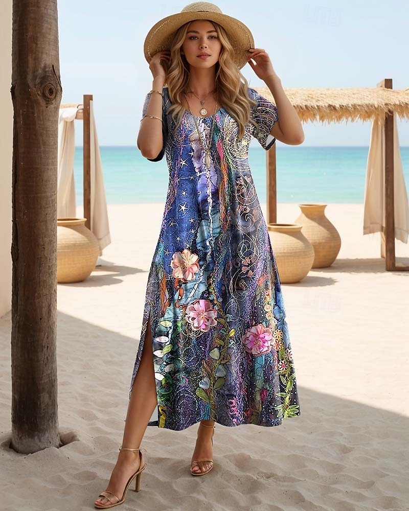 Dames Maxi Jurk Zwarte Jurk Lange Mouw Boho Jurk Elegant Vintage Vlinder Mouw Vakantie Strand Regular Fit Bloem Motief Korte Mouw Crew Hals Teal Lente Fall 2025 - $27.99 –P1