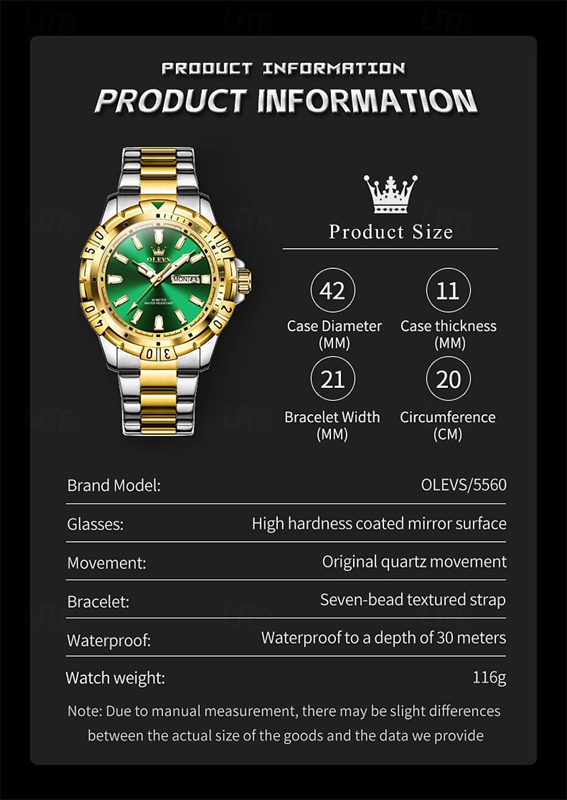 Il nuovo orologio da business da uomo del marchio Olevs orologio classico verde fantasma d'acqua visualizzazione del calendario settimana orologio al quarzo impermeabile moda sportiva del 2025 a $38.99 –P9