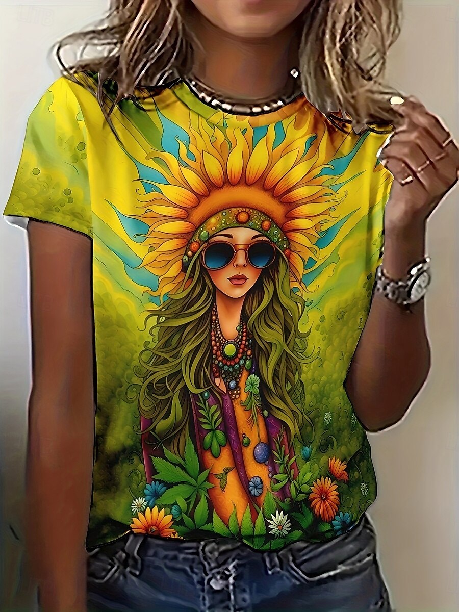Femme T shirt Graphic Décontractées Manche Courte Col Rond Hauts réguliers du quotidien Imprimer Vert Eté de 2025 ? $19.99 –P1