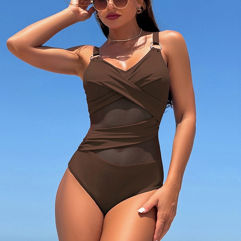 Damen Badeanzug Bademode V-Ausschnitt Bademode Einfarbig Badeanzug Schwarz Marineblau Atmungsaktiv Schnelltrocknend Leichtgewichtig Ärmellos - Schwimmen Surfen Strand Sommer Frühling 2025 - $22.99 –P10