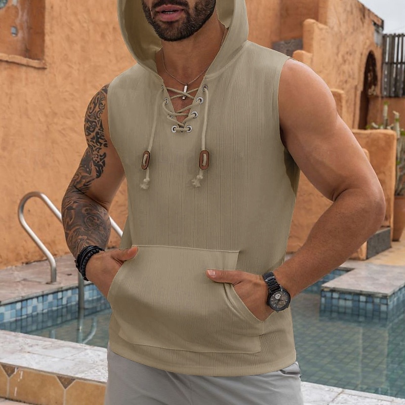 Homens Malha Íntima Moletom sem mangas camisa sem manga Sem Manga Com Capuz Verão Pit Strip Moda Designer Músculo Cordões Bolsos Ao ar livre Ginásio Preto Branco cáqui Top Tee para Homens de 2025 por $17.99 –P14