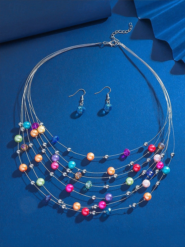 set de colier și cercei cu mărgele multicolore pentru femei – bijuterii elegante pentru nunți, petreceri și ținute de seară 2025 - $11.99 –P2