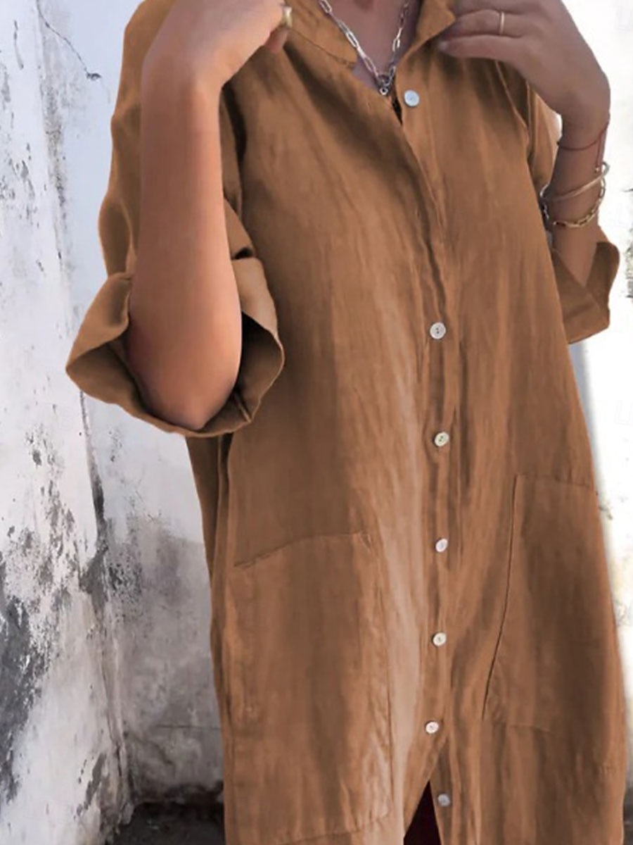 Damen Langes Kleid Maxikleid Baumwoll-Leinen-Kleider Hemdblusenkleid Freizeitkleid Basic Lässig Urlaub Lässig Täglich Lässiger Schnitt Einfach Halbarm Hemdkragen Blau Grün Khaki Grau Sommer Frühling 2025 - $32.99 –P4