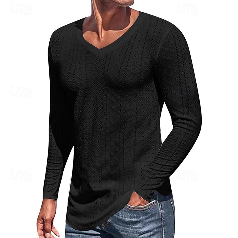 Herren T Shirt T-Shirt Langarmshirt Langarm V Ausschnitt Frühling Herbst Einfach Mode Designer Basic Jacquard Urlaub Straße Ausgehen Schwarz Weiß Blau Top T-Shirt für Herren 2025 - $19.99 –P6