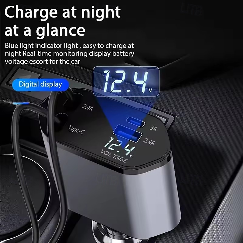 autolader adapter 120w snel opladen usb type c snellaadkabel met intrekbare snoeren geschikt voor iphone 16/15/14/13/12 samsung 2025 - $27.99 –P1