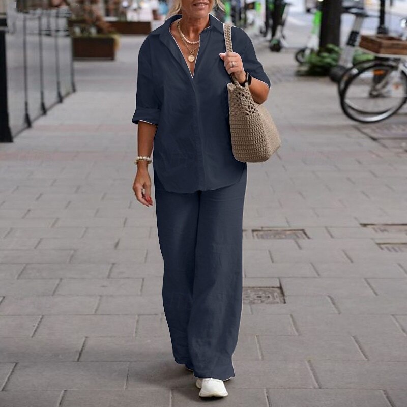 Women's Fashion Streetwear Shirt Linen-Inspired Sets Two Piece Sets Linen Pants Pants Trousers Long Sleeve Shirt Collar Solid Color Daily Wear Date Army Green Dark Navy Khaki Spring Regular Fit 2025 - $30.99 –P1