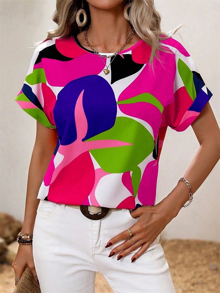 Dame Skjorte Bluse Grafisk Stilfull Fritid Kortermet Crew-hals Vanlige topper Daglig Ferie Ut på byen Trykt mønster Svart Gul Grønn Kakifarget Rose Rosa Sommer Vår 2025 - $24.99 –P1